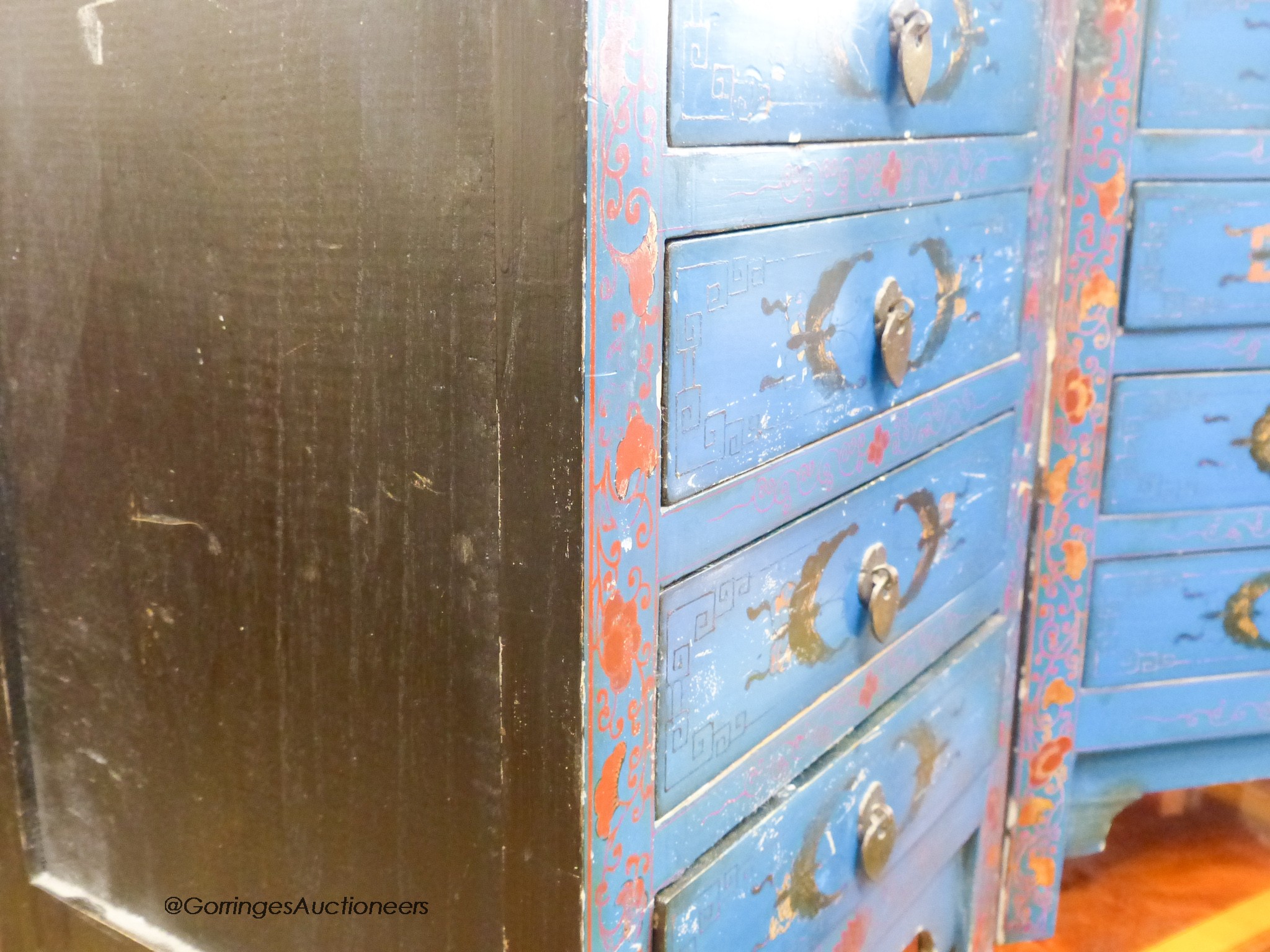 A pair of Chinese painted bed side chests. W-40, D-32, H-60cm.